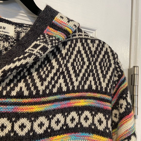 Monteau Size M Neon Stripe Black Cream Aztec Knit Open Front Hooded Cardigan - Picture 6 of 14